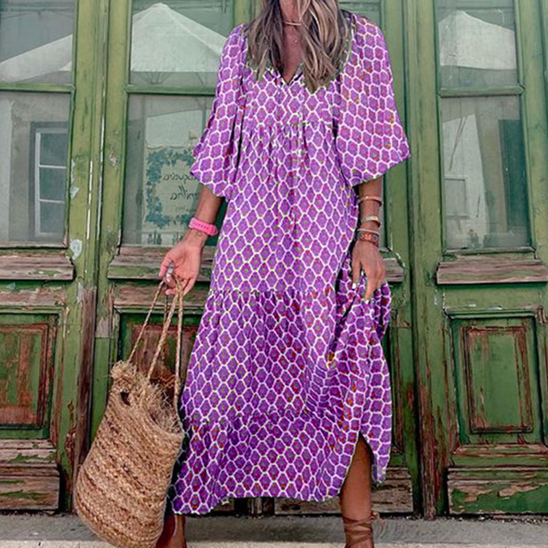 Summer Women's Vintage Printed Bohemian Dress Elegant Ladies Casual Loose V-Neck Short Sleeve Long Dresses - Big Cart Sky