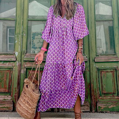 Summer Women's Vintage Printed Bohemian Dress Elegant Ladies Casual Loose V-Neck Short Sleeve Long Dresses - Big Cart Sky