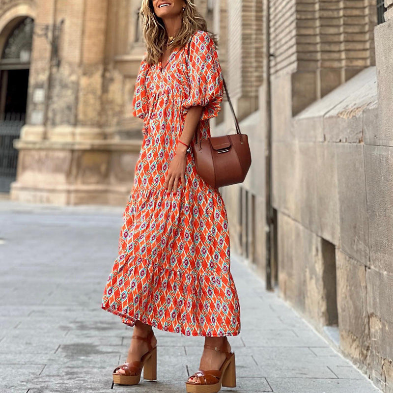 Summer Women's Vintage Printed Bohemian Dress Elegant Ladies Casual Loose V-Neck Short Sleeve Long Dresses - Big Cart Sky