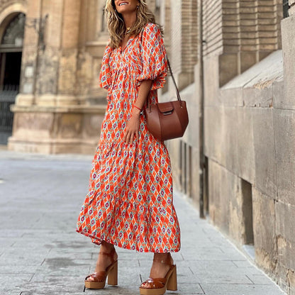 Summer Women's Vintage Printed Bohemian Dress Elegant Ladies Casual Loose V-Neck Short Sleeve Long Dresses - Big Cart Sky