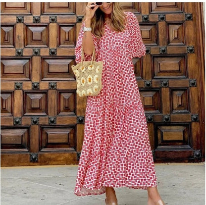 Summer Women's Vintage Printed Bohemian Dress Elegant Ladies Casual Loose V-Neck Short Sleeve Long Dresses - Big Cart Sky