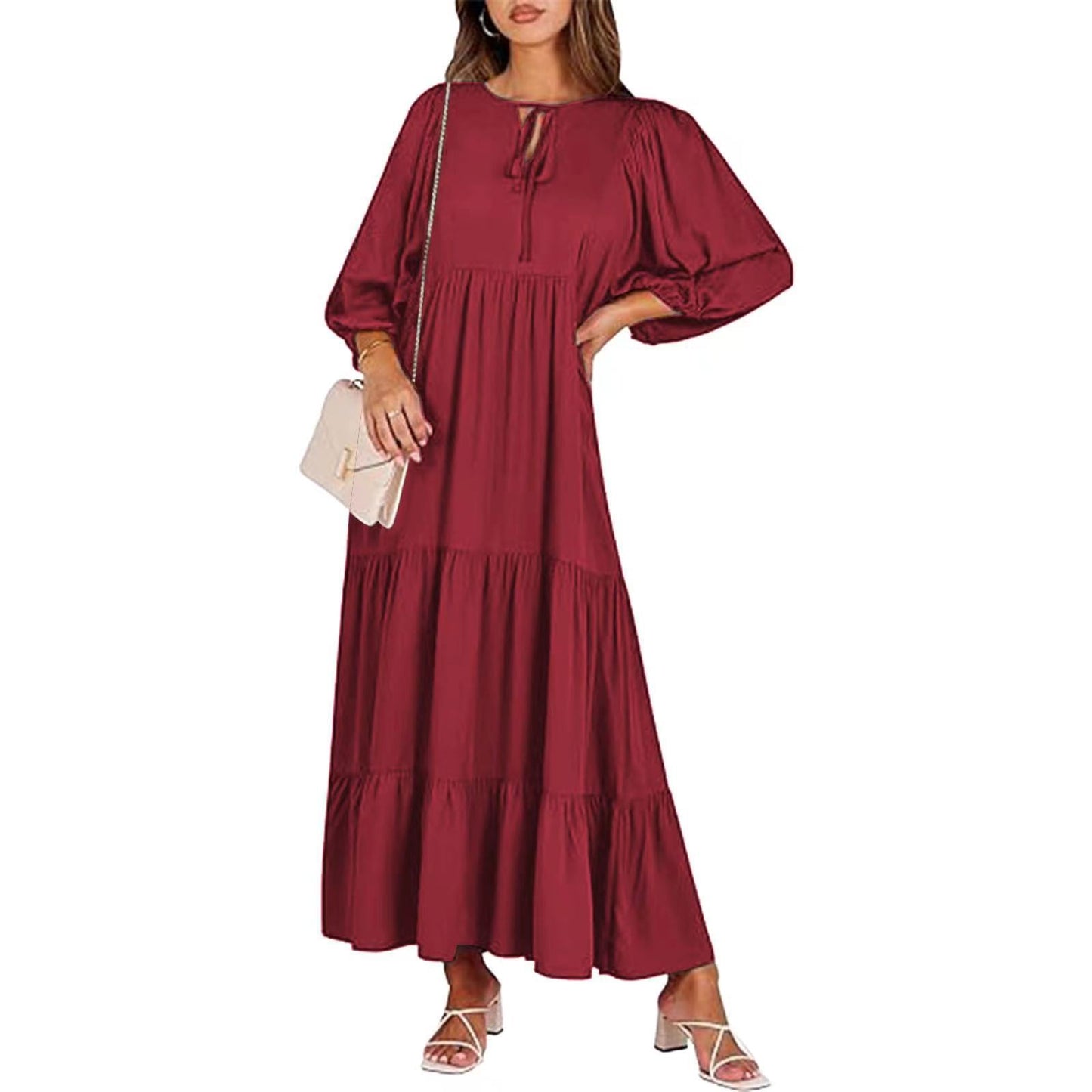Summer Women's Vintage Printed Bohemian Dress Elegant Ladies Casual Loose V-Neck Short Sleeve Long Dresses - Big Cart Sky