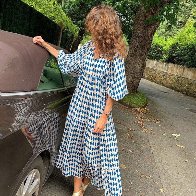 Summer Women's Vintage Printed Bohemian Dress Elegant Ladies Casual Loose V-Neck Short Sleeve Long Dresses - Big Cart Sky