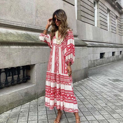 Summer Women's Vintage Printed Bohemian Dress Elegant Ladies Casual Loose V-Neck Short Sleeve Long Dresses - Big Cart Sky