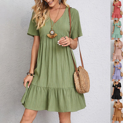 V-neck Short Sleeve Dress Summer Fashion Casual Loose Ruffled Dresses Beach Clothing Women - Big Cart Sky