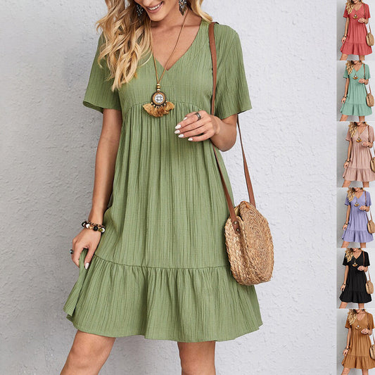 V-neck Short Sleeve Dress Summer Fashion Casual Loose Ruffled Dresses Beach Clothing Women - Big Cart Sky