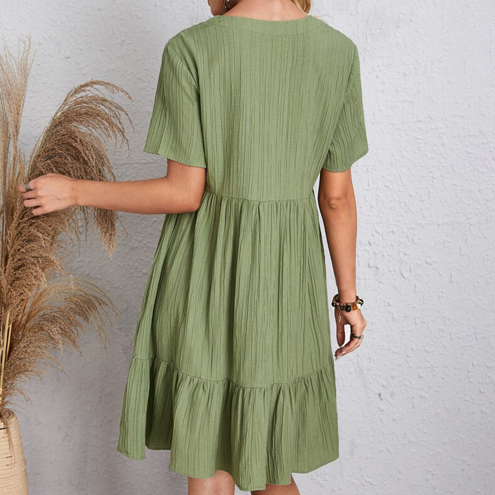 V-neck Short Sleeve Dress Summer Fashion Casual Loose Ruffled Dresses Beach Clothing Women - Big Cart Sky