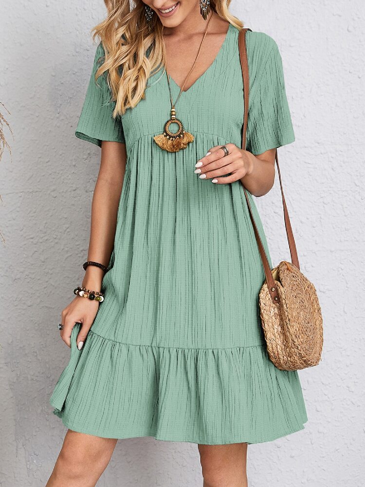 V-neck Short Sleeve Dress Summer Fashion Casual Loose Ruffled Dresses Beach Clothing Women - Big Cart Sky