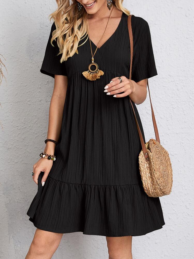 V-neck Short Sleeve Dress Summer Fashion Casual Loose Ruffled Dresses Beach Clothing Women - Big Cart Sky