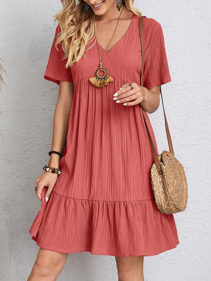 V-neck Short Sleeve Dress Summer Fashion Casual Loose Ruffled Dresses Beach Clothing Women - Big Cart Sky