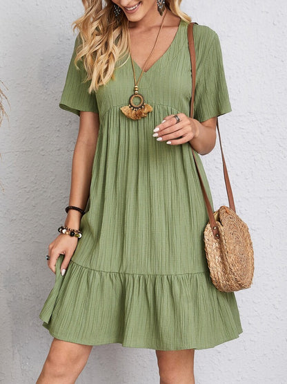 V-neck Short Sleeve Dress Summer Fashion Casual Loose Ruffled Dresses Beach Clothing Women - Big Cart Sky