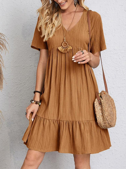 V-neck Short Sleeve Dress Summer Fashion Casual Loose Ruffled Dresses Beach Clothing Women - Big Cart Sky