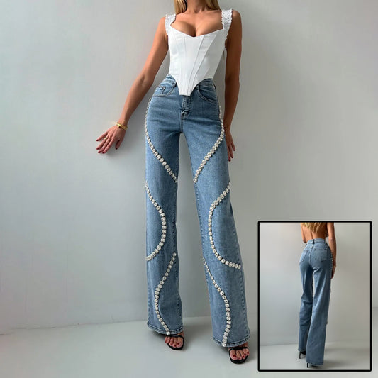 Loose Straight Leg Jeans And Fashionable Casual Pants With A Rhine Stone Denim Design Around Them Suitable For Women - Big Cart Sky