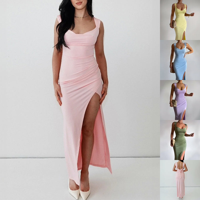 Slim Sleeveless Slit Dress With Back Tie Design Fashion Temperament Dresses For Women Clothing - Big Cart Sky