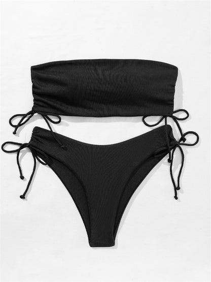 Summer Tube Bikini With Drawstring Design Solid Color Sexy Swimsuit For Beach Party Womens Clothing - Big Cart Sky
