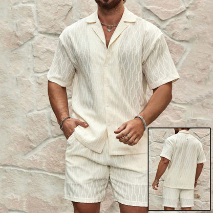 Men Tracksuits Summer Fashion Solid Loose Casual Two Pieces Lapel Button Shirt Shorts Beach Holiday All-match Outfits Male - Big Cart Sky