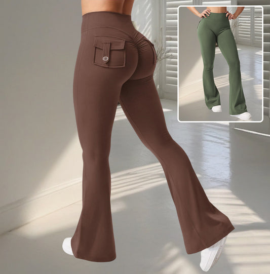 Yoga Fitness Flared Pants With Pockets Ins Fashion Slim High Waist Sports Trousers  Scrunch Butt Booty Workout Lifting Leggings - Big Cart Sky