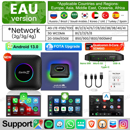 2025  CarlinKit CarPlay AI Box Android 13.0 SM6225 QCM6125 Android Auto Wireless CarPlay Adapter 2.4+5GGPS 64G 128G FOTA Upgrade - Big Cart Sky