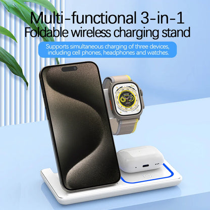15W 3 In 1 LED Fast Wireless Charger Stand Foldable Charging Station For Smart Phone 15 14 13 12 11 IWatch 9 8 7 6 5 Airpods Pro - Big Cart Sky